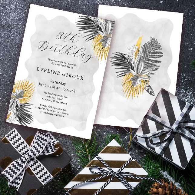 Tropical Palm Black White Gold 80th Birthday Invitation (Need matching welcome signs or party supplies? Message me!)