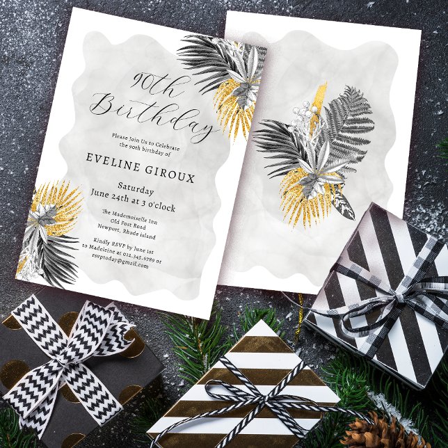 Tropical Palm Black White Gold 90th Birthday Invitation (Creator Uploaded)