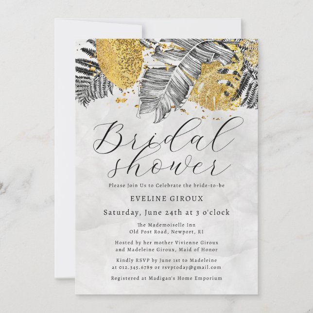 Tropical Palm Black White Gold Bridal Shower Invitation (Front)