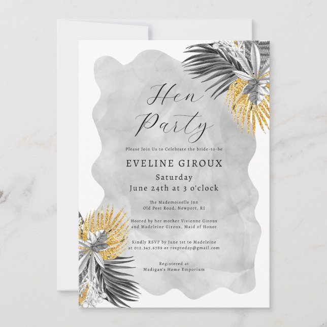 Tropical Palm Black White Gold Hen Party Invitation (Front)