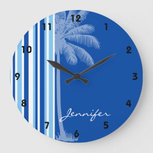 Tropical Palm; Blue & White Stripes Large Clock