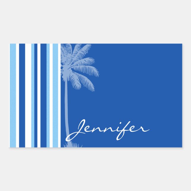 Tropical Palm; Blue & White Stripes Rectangular Sticker (Front)
