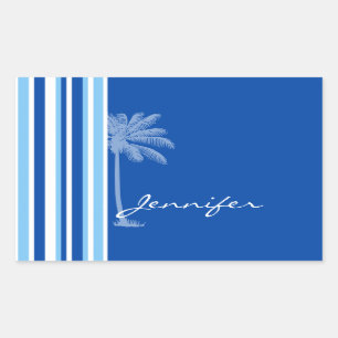 Tropical Palm; Blue & White Stripes Rectangular Sticker