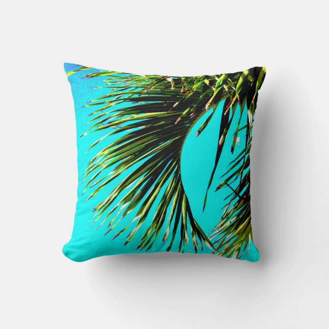 tropical palm bold and bright green and turquoise cushion (Front)