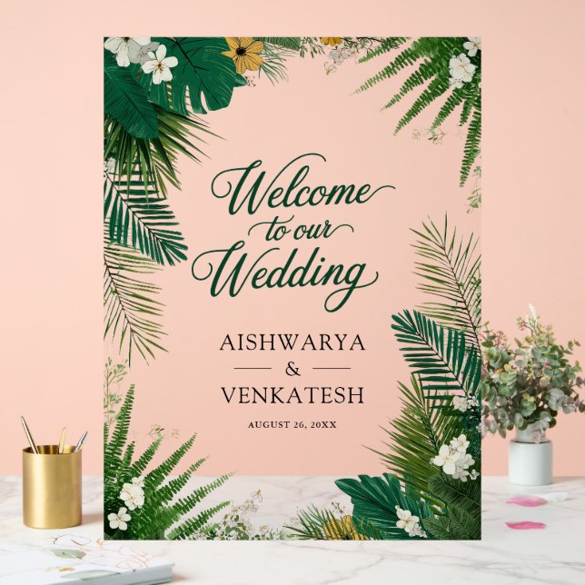 Tropical Palm Botanical Fern Wedding Welcome Acrylic Sign (Wedding)