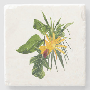 Tropical palm branches, exotic flower bouquet stone coaster