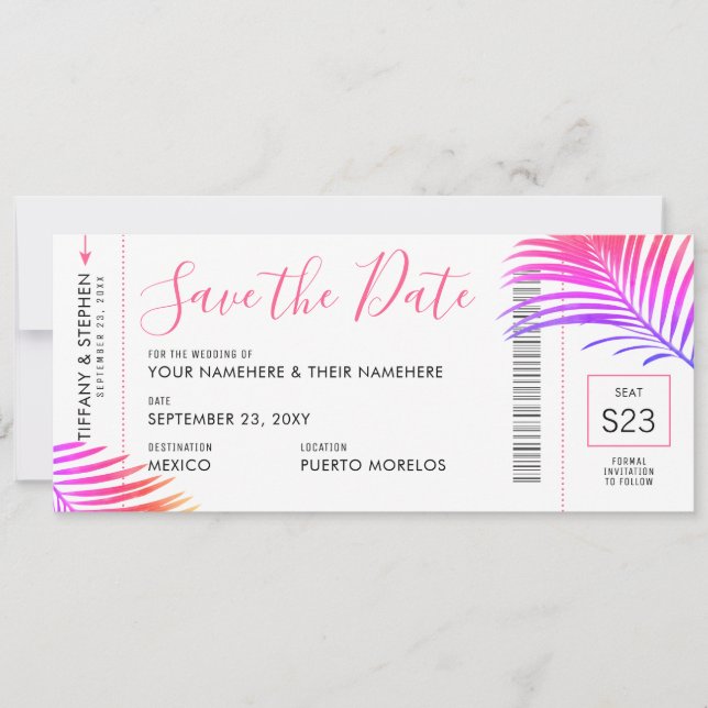 Tropical Palm Bright Boarding Pass Save Date Card (Front)