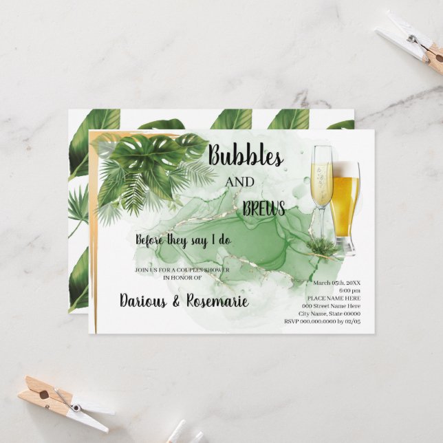 Tropical Palm  Bubble & Brews Couples Shower Invitation (Front/Back In Situ)