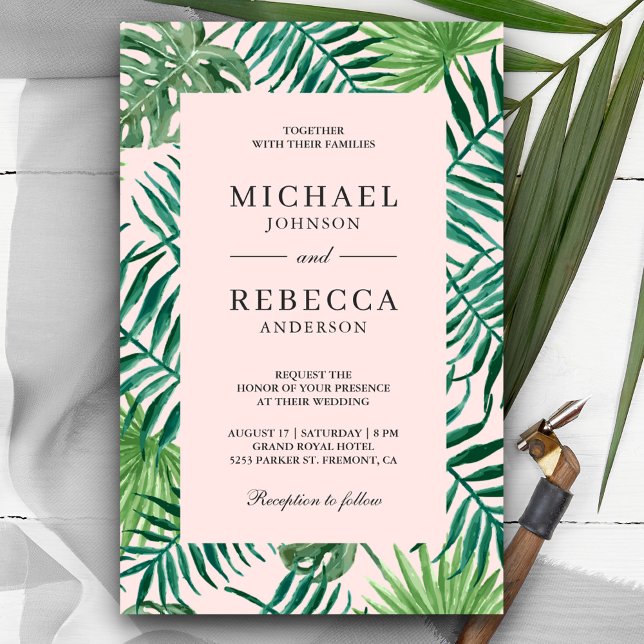 Tropical Palm Budget Blush Pink Wedding Invitation (Creator Uploaded)