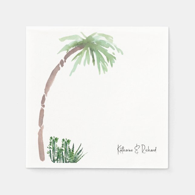 Tropical Palm Cactus Wedding Script Names Cocktail Napkin (Front)