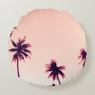 Tropical palm coconut trees on sunset sky nature b round cushion