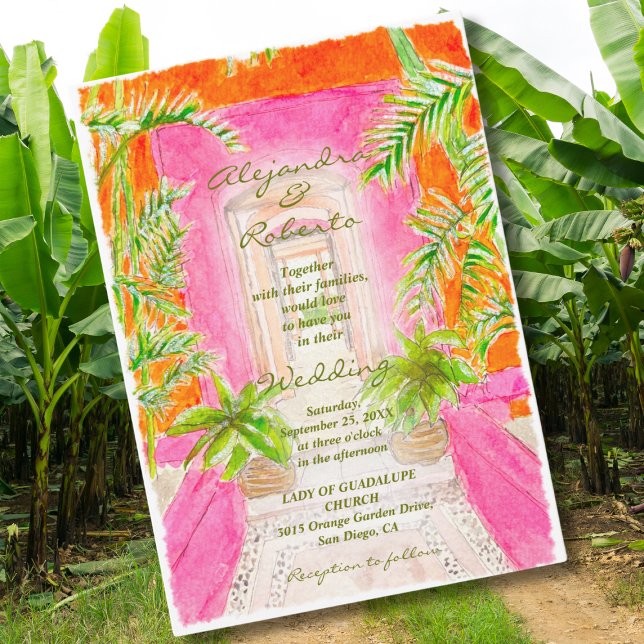 Tropical Palm Dove Watercolor Coral Floral Wedding Invitation (Creator Uploaded)