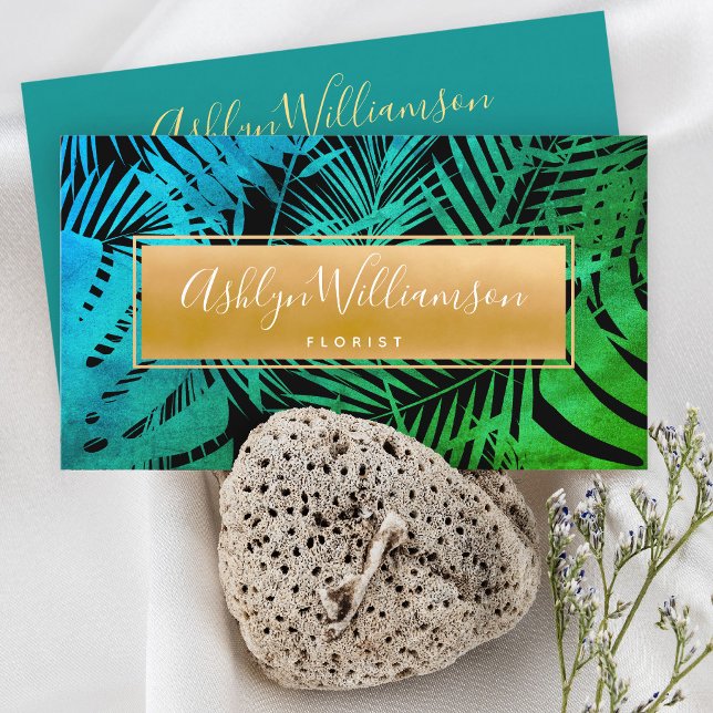 Tropical palm elegant gold teal green ombre script business card (Creator Uploaded)