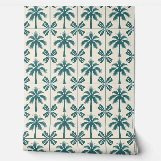 Tropical Palm Escape Petite Green, Beige - Coastal Wallpaper (Unrolling)