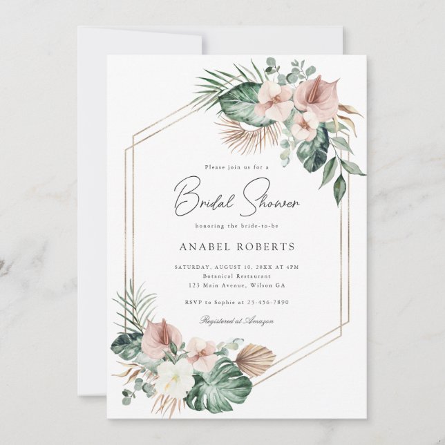 Tropical Palm Floral Blush Geometric Bridal Shower Invitation (Front)