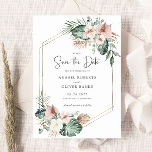 Tropical Palm Floral Blush Geometric Save the Date Invitation