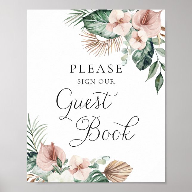 Tropical Palm Floral Blush Wedding Guest Book (Front)