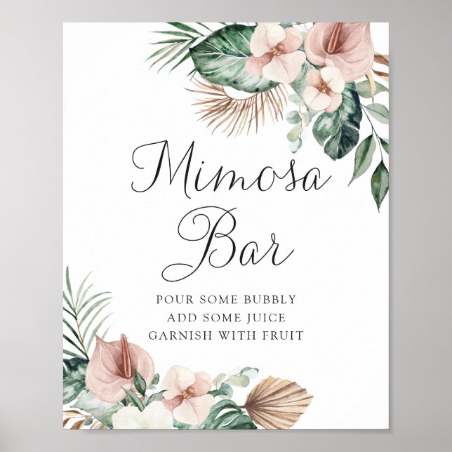 Tropical Palm Floral Blush Wedding Mimosa Bar Sign (Front)