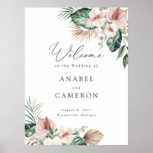 Tropical Palm Floral Blush Wedding Welcome Sign