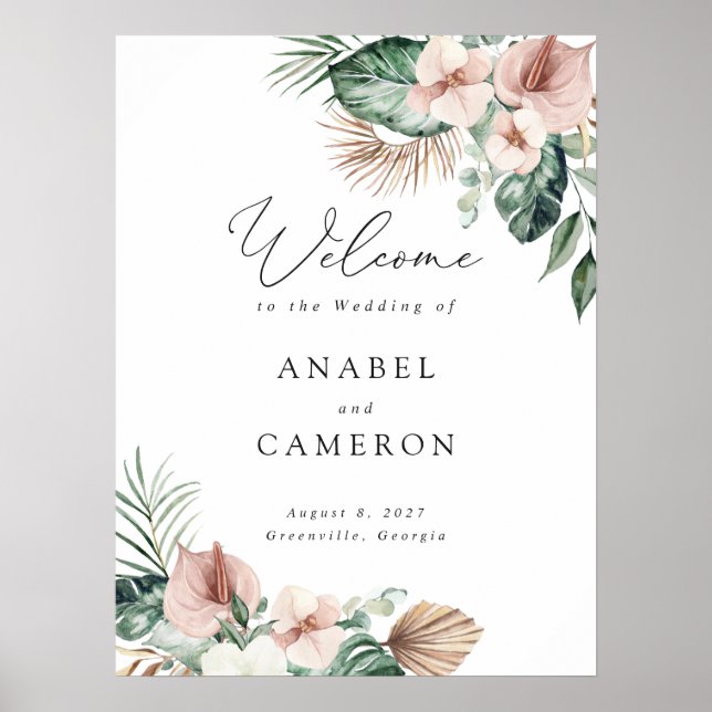 Tropical Palm Floral Blush Wedding Welcome Sign (Front)