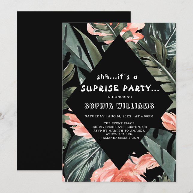 Tropical Palm Floral Surprise Black Party Invite (Front/Back)