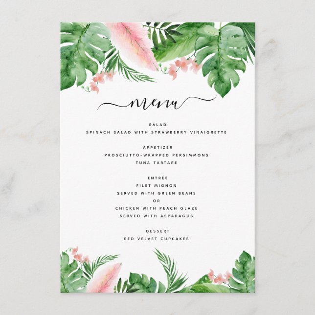 Tropical Palm Floral Watercolor Luau Wedding Menu (Front)