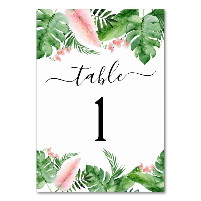 Tropical Palm Floral Watercolor Luau Wedding Table Number (Front)