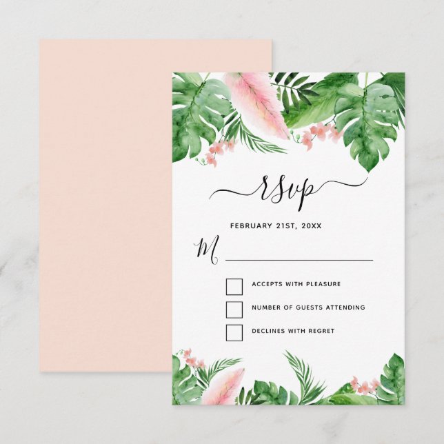 Tropical Palm Floral Watercolor Wedding RSVP Invitation (Front/Back)