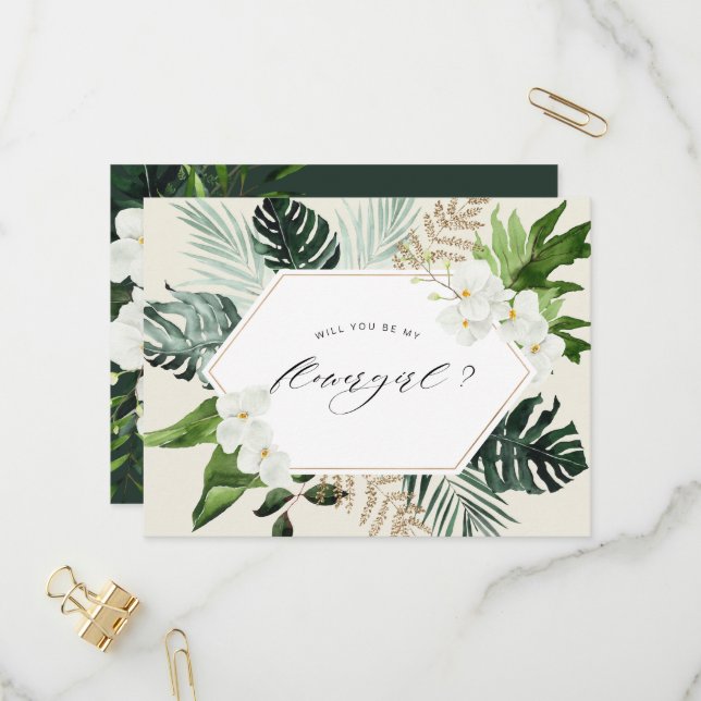 tropical palm floral will you be my flowergirl invitation postcard (Front/Back In Situ)