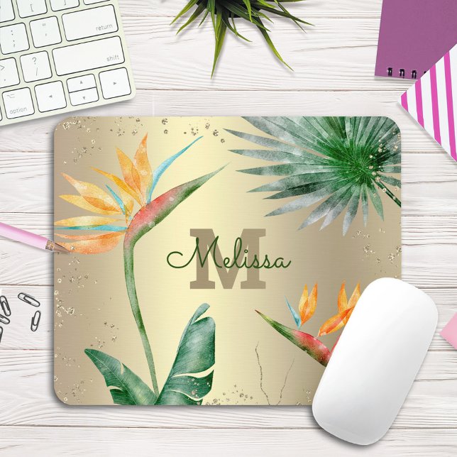Tropical Palm Foliage Floral Monogram Script Gold  Mouse Mat (Creator Uploaded)