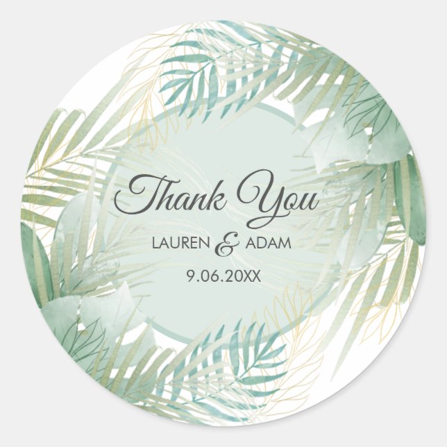 Tropical Palm Foliage Thank You Wedding Favour Classic Round Sticker (Front)