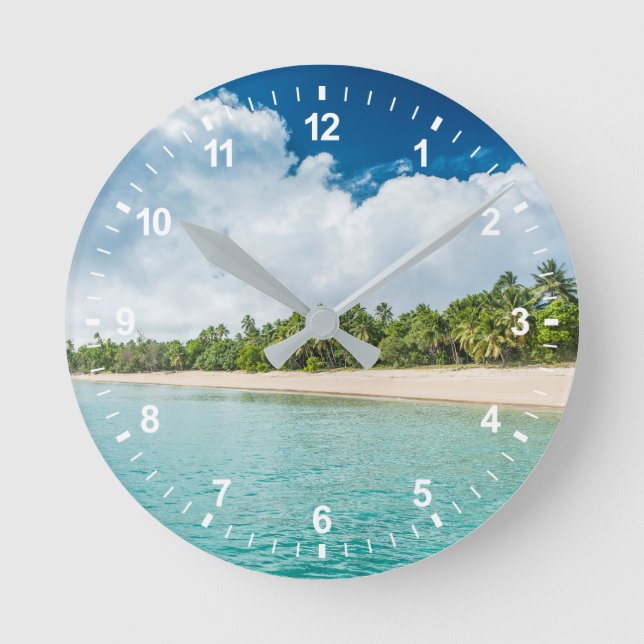 Tropical Palm Fringed Beach Round Clock (Front)