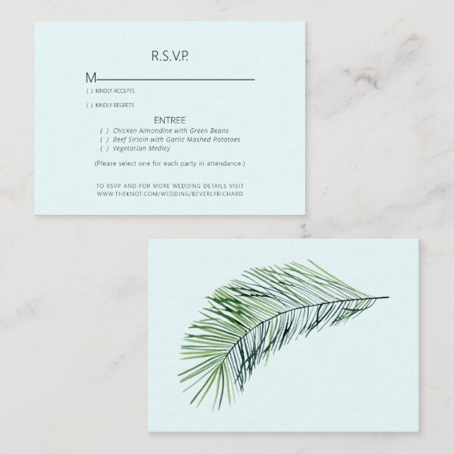 Tropical Palm Frond Icy Blue Wedding RSVP Enclosure Card (Front/Back)