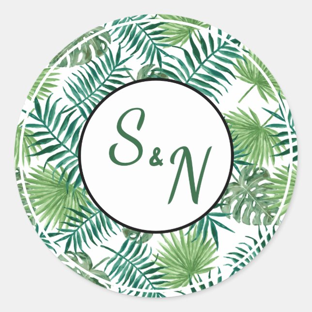 Tropical Palm Frond Wedding Classic Round Sticker (Front)