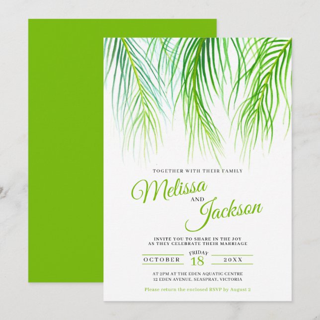 Tropical palm fronds watercolor painting wedding invitation (Front/Back)