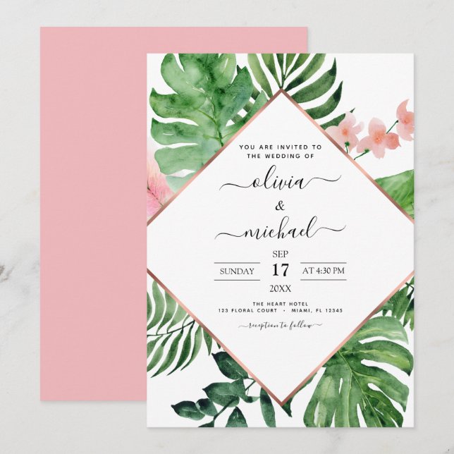 Tropical Palm Geometric Beach Wedding  Invitation (Front/Back)