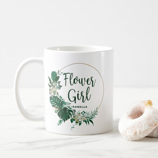 Tropical Palm Gold Circle Personalised Flower Girl Coffee Mug (With Donut)