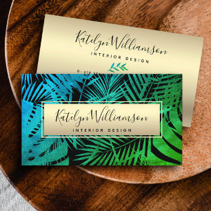 Tropical palm gold green teal ombre elegant script business card