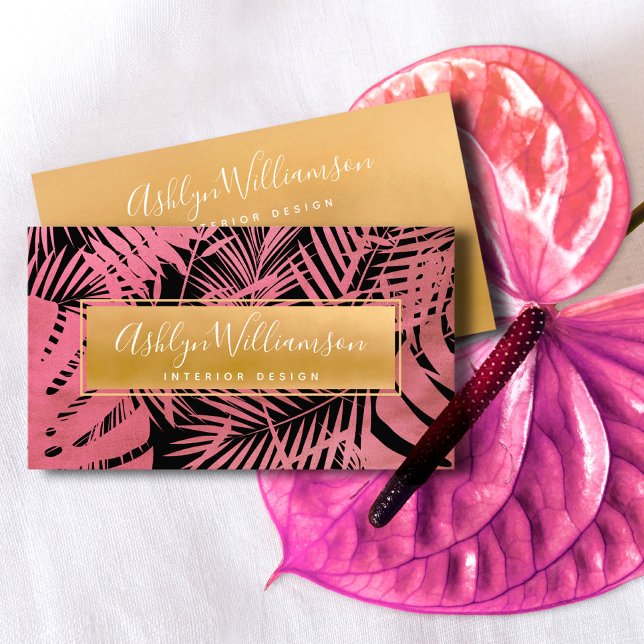 Tropical palm gold pink elegant script typography business card (Creator Uploaded)