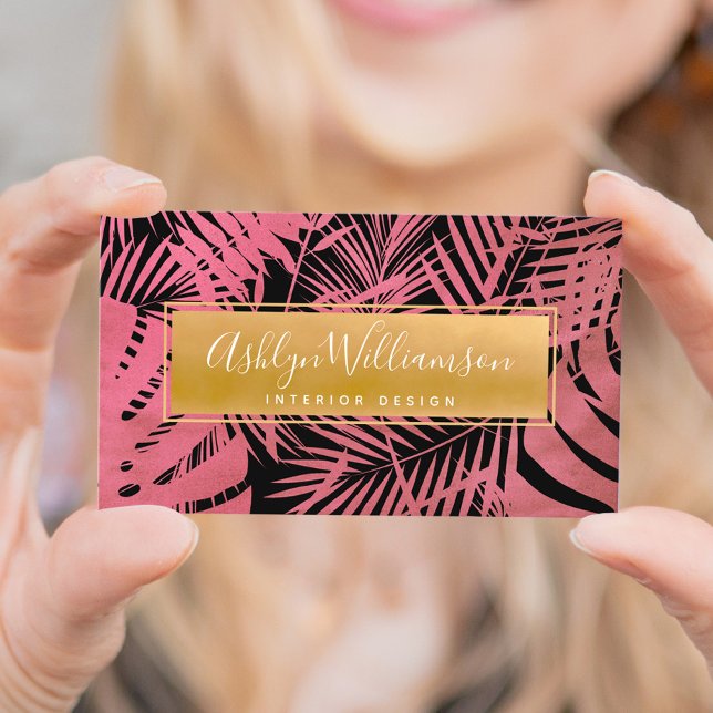 Tropical palm gold pink elegant script typography business card (Creator Uploaded)