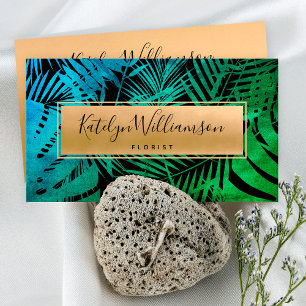 Tropical palm gold teal green ombre elegant script business card