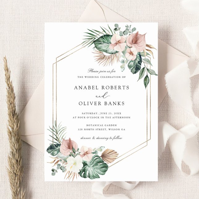 Tropical Palm Greenery Blush Geometric Wedding Invitation (Creator Uploaded)