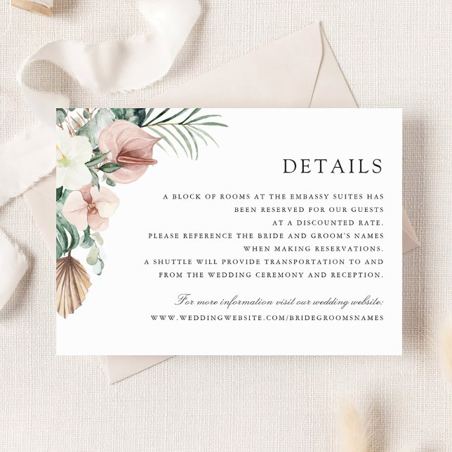 Tropical Palm Greenery Floral Blush Wedding Detail Invitation (Creator Uploaded)