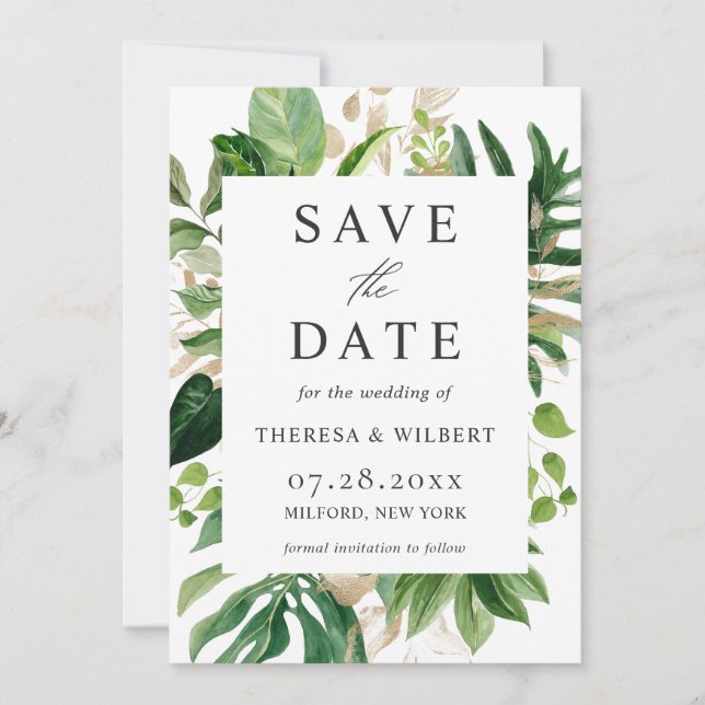 Tropical Palm Greenery Wedding Save The Date Card (Front)
