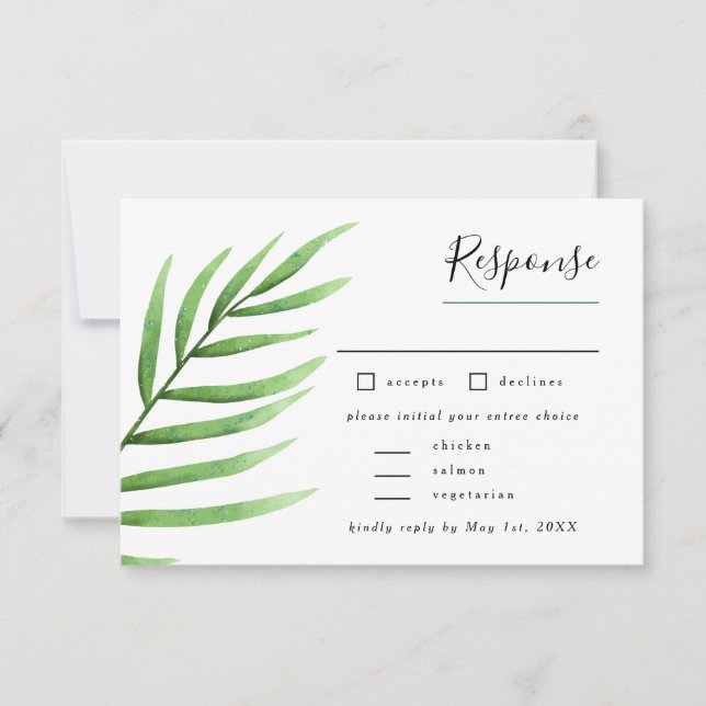 Tropical Palm Greenery Wedding with Entree Choice RSVP Card (Front)
