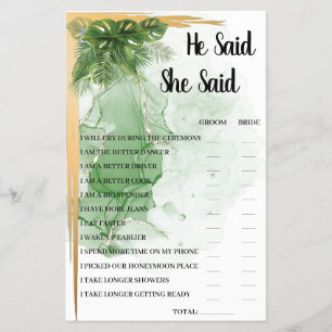 Tropical Palm He Said She Said Bridal Shower Game Flyer
