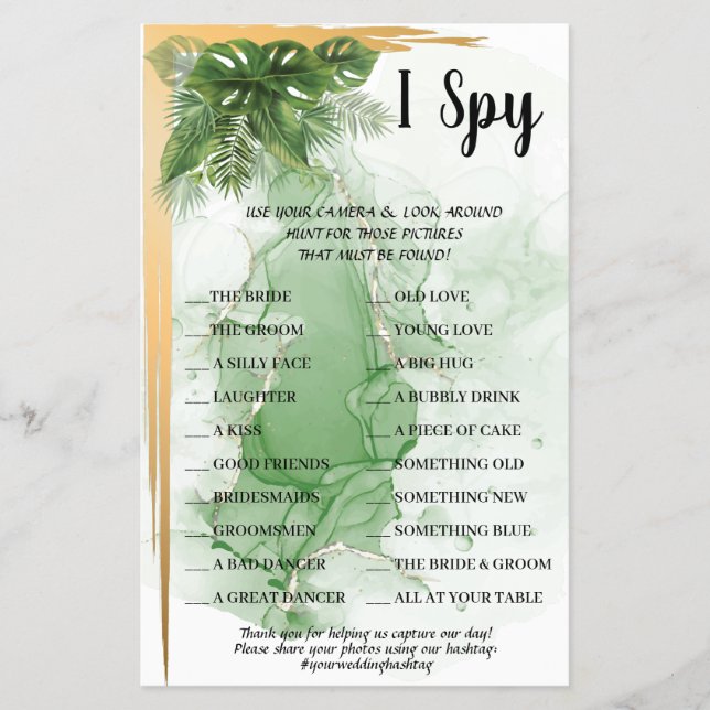 Tropical Palm I Spy Wedding Reception Game Card (Front)