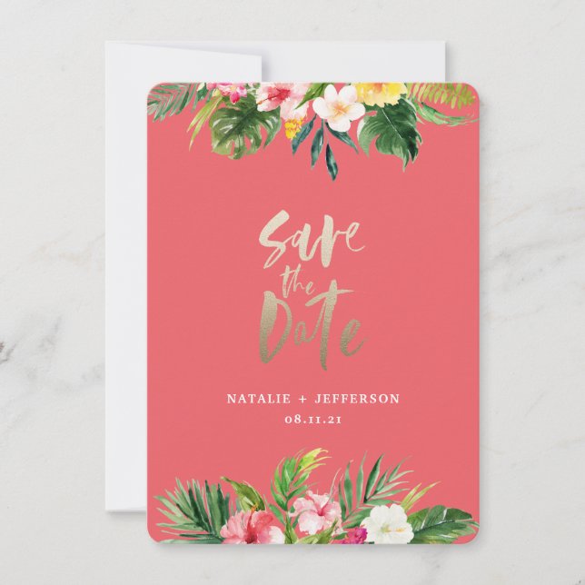 Tropical palm leaf and floral gold script save the date (Front)