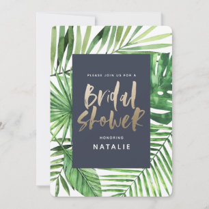 Tropical palm leaf and gold script bridal shower save the date