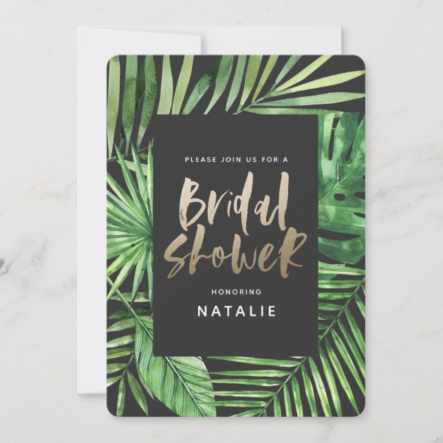 Tropical palm leaf and gold script bridal shower save the date (Front)